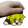 a pixel art of a person petting a cartoon character with green hair .
