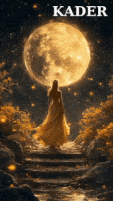 a woman in a yellow dress stands in front of a full moon with the word kader above her