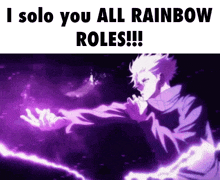 a man in a purple jacket is holding a purple lightning bolt in his hand .