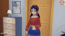 a girl in a red top and blue skirt is standing in front of a door with the word crymory on the bottom