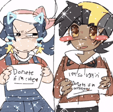 a drawing of a girl and a boy holding signs that say donate if i 'm cute