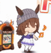 a cartoon girl is dancing next to a jukebox and a horse .