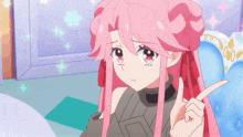 a girl with pink hair is holding a piece of cake on a blue fork