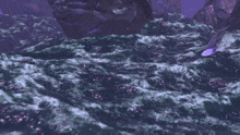 a purple lightning bolt strikes a building with a dragon flying in the background