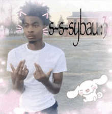 a young man in a white shirt is giving the middle finger in front of a sign that says s-s-sybaum