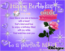 a purple birthday card for chloe with hearts and roses