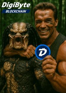 arnold schwarzenegger is holding a coin with the letter d on it in front of a predator