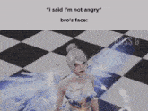 a woman with wings is standing in front of a checkered floor