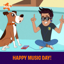 a cartoon of a man sitting next to a dog and the words happy music day