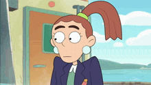 a cartoon girl with a ponytail and earrings looks at something