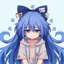 a drawing of a girl with blue hair and chinese characters on her head