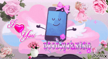 a good morning greeting card with a cell phone with wings