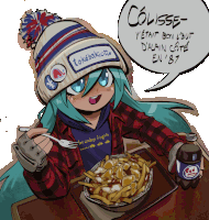 a cartoon of a girl eating french fries with a speech bubble that says colisse on it