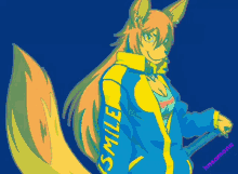 a pixel art drawing of a fox wearing a blue jacket that says smile