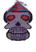 a pixel art drawing of a skull wearing a party hat .