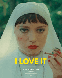 a movie poster for the phoenician scheme features a nun smoking a cigarette