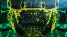 a close up of a futuristic helmet with a glowing green background