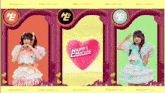 three girls are standing in front of a pink heart with the words happy creators on it