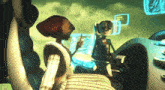 two cartoon characters are sitting in front of a screen that says ' i 'm a robot ' on it