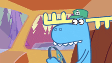 a blue moose wearing a green hat with a recycling symbol on it