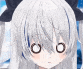 a close up of a white anime girl with black eyes