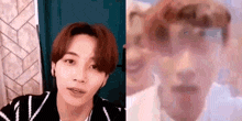a close up of a person 's face next to a blurry picture of another person 's face .