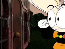 a cartoon character stands in front of a building