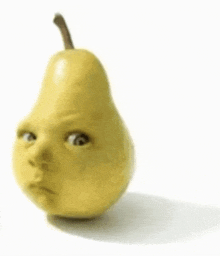 a pear with a face on it looks surprised