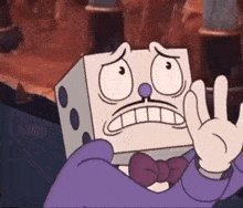 a cartoon character is holding a dice with a bow tie and making a face .