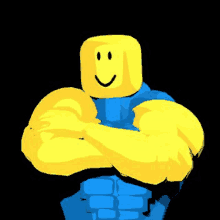 a yellow roblox character with a blue shirt and muscles is standing with his arms crossed and a smile on his face .