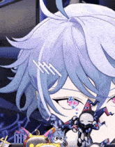 a close up of a person 's face with a hair clip that says hh on it