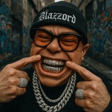 a man wearing glasses and a beanie with the word blazzard on it