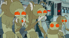 a group of cartoon insects with orange eyes and the word [ as ] on the bottom left