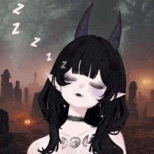 a girl with purple horns is sleeping in a graveyard