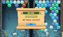 a screenshot of a game that says you won 15 gems bonus 40 gems earned