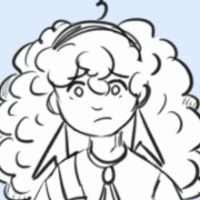 a black and white drawing of a girl with curly hair and a sad look on her face .