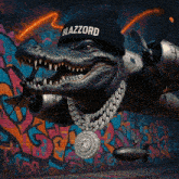 a crocodile wearing a beanie that says blazzord on it