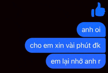 a blue text message with a thumbs up in the upper right corner