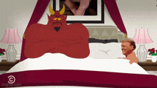 a cartoon of a man laying on a bed next to a devil with horns