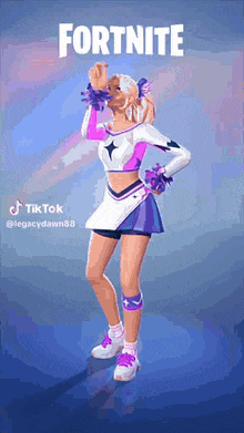 a cheerleader is dancing in front of a fortnite logo