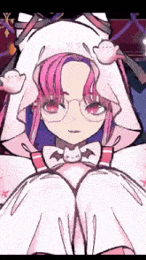 a drawing of a girl with pink hair wearing glasses and a bow tie