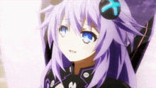a girl with purple hair and blue eyes is wearing a black outfit