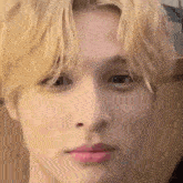 a close up of a person 's face with blonde hair .