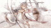 a painting of a girl with a sword and scales in the background