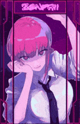 a girl with pink hair and red eyes is wearing a tie .