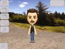 a man with a mustache is standing on a dirt road in front of a forest with a button that says editar