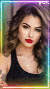 a woman in a black tank top with red lipstick is surrounded by a rainbow colored frame that says " capcut "