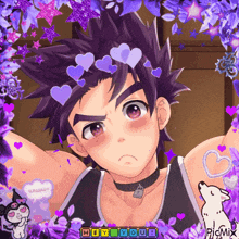 a picture of a boy with purple hair is surrounded by purple flowers and stars