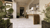 a rendering of a hallway with a wooden table and plants
