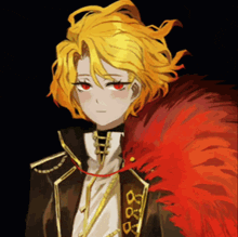 a boy with yellow hair and red eyes is holding a red feather